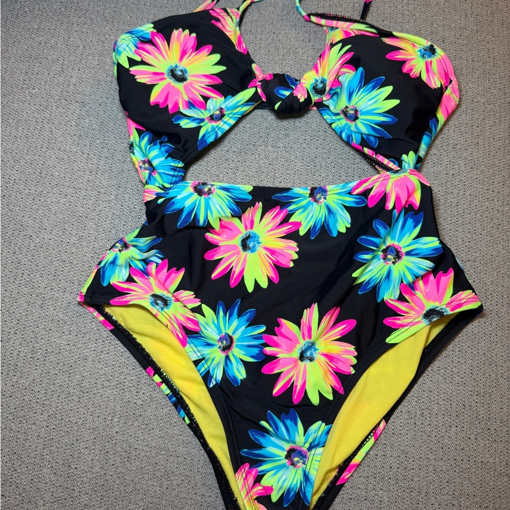 California Waves Neon Floral Black One-Piece